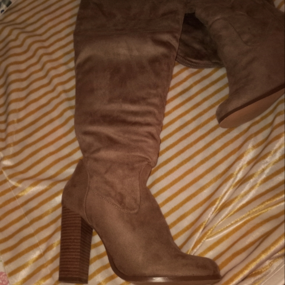 Thigh high dark taupe heeled boots